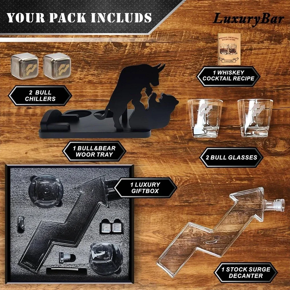 LuxuryBar Stock Market Whiskey Decanter Set Bull and Bear Finance Gift for Men